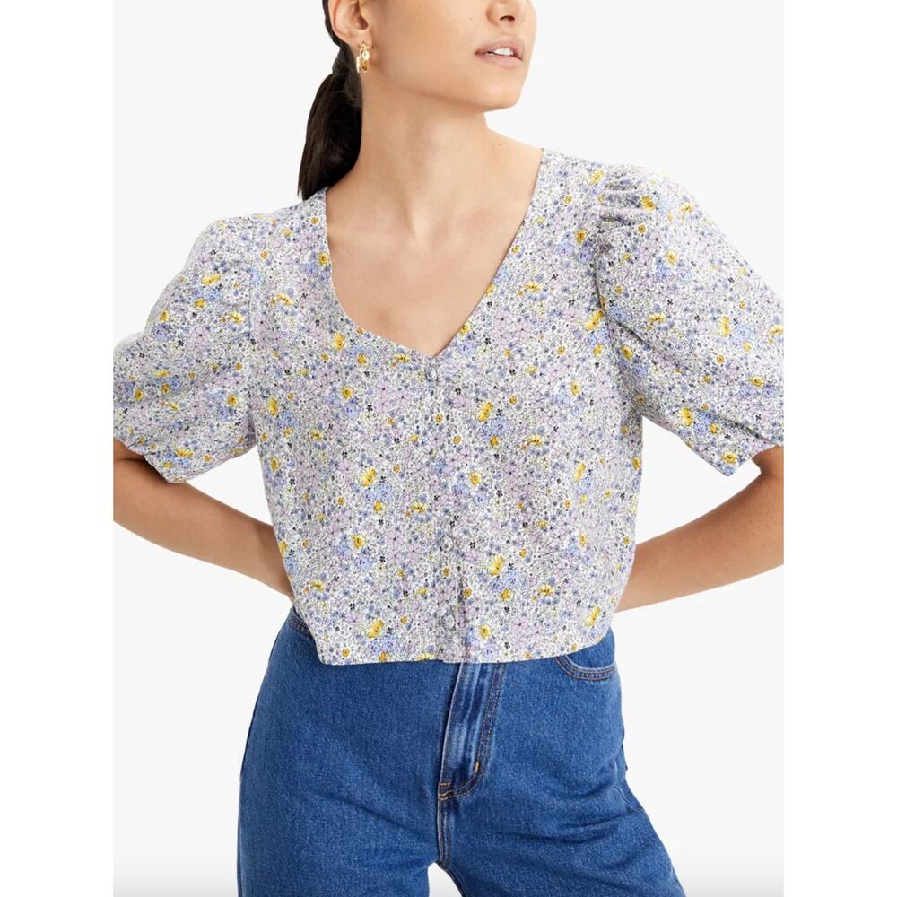 Levi's V-Neck Ditzy Floral Print Crop Button Up Blouse Size S Puff Sleeve Boxy - Picture 1 of 12